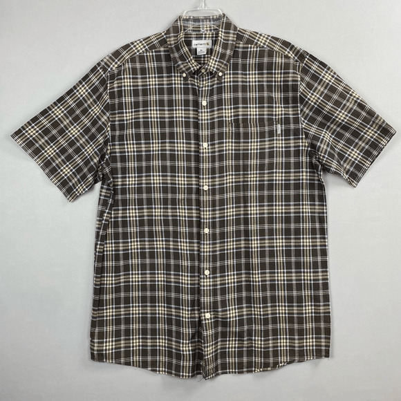 Carhartt Mens Button Down Shirt Short Sleeve Casual Plaid Brown XL - Picture 1 of 7
